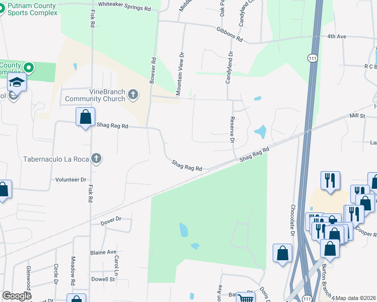 map of restaurants, bars, coffee shops, grocery stores, and more near 1402 Shag Rag Road in Cookeville