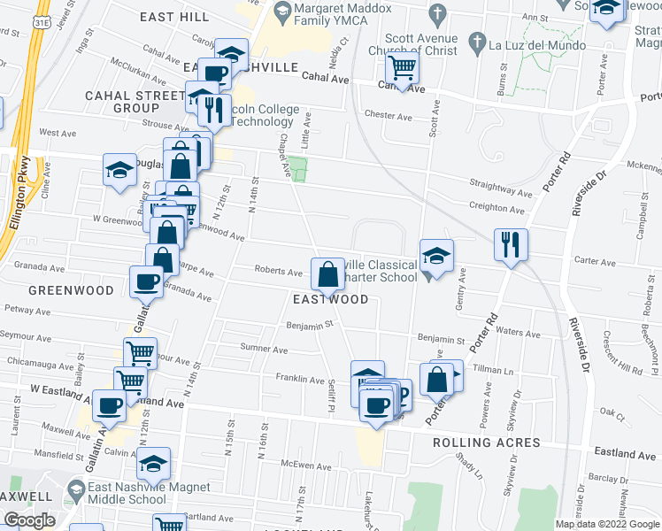 map of restaurants, bars, coffee shops, grocery stores, and more near 1716 Greenwood Avenue in Nashville