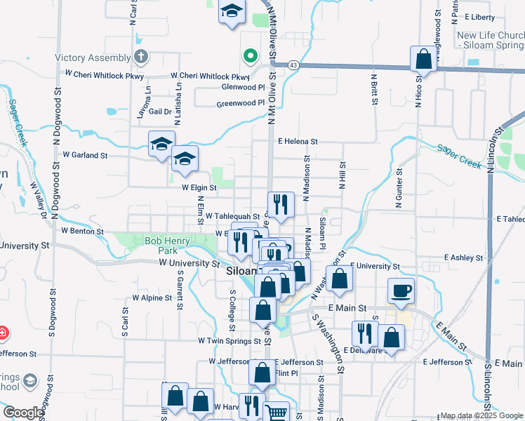 map of restaurants, bars, coffee shops, grocery stores, and more near 507 North Wright Street in Siloam Springs