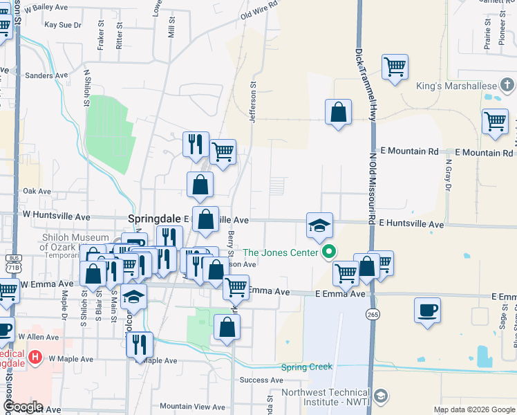 map of restaurants, bars, coffee shops, grocery stores, and more near 513 Jefferson Street in Springdale