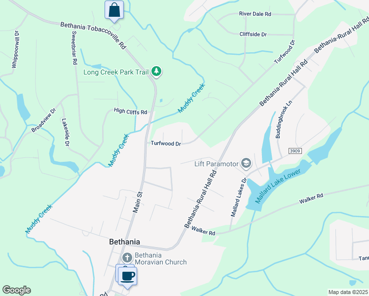 map of restaurants, bars, coffee shops, grocery stores, and more near 1848 Turfwood Drive in Pfafftown