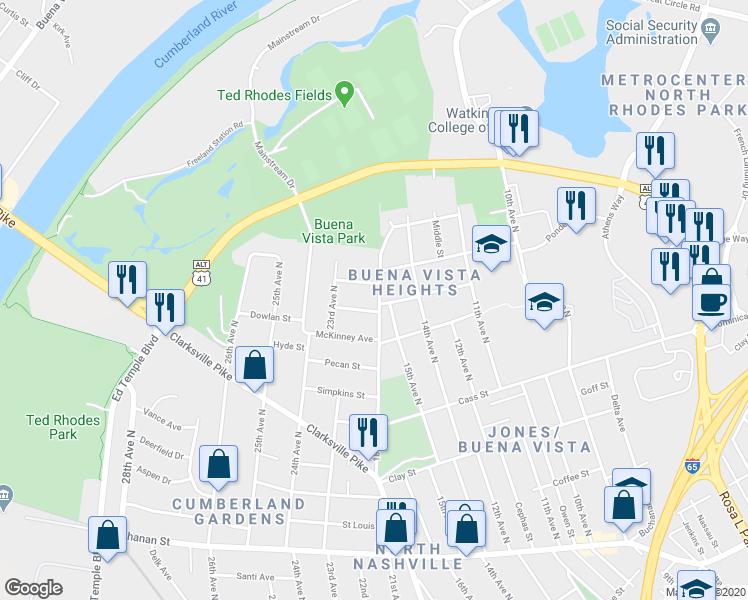 map of restaurants, bars, coffee shops, grocery stores, and more near 2205 18th Avenue North in Nashville