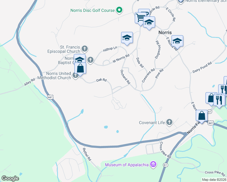 map of restaurants, bars, coffee shops, grocery stores, and more near 156 Garden Road in Norris