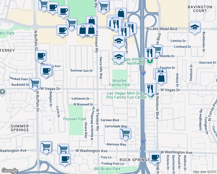 map of restaurants, bars, coffee shops, grocery stores, and more near 7205 Single Pine Drive in Las Vegas