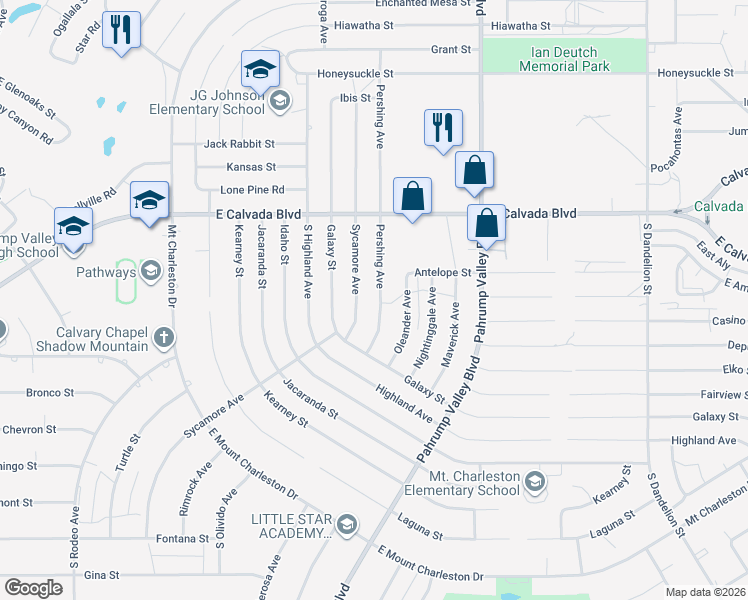 map of restaurants, bars, coffee shops, grocery stores, and more near 2100 Pershing Avenue in Pahrump