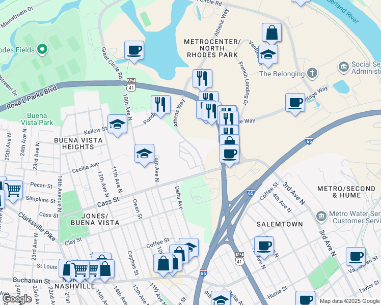 map of restaurants, bars, coffee shops, grocery stores, and more near 377 Athens Way in Nashville