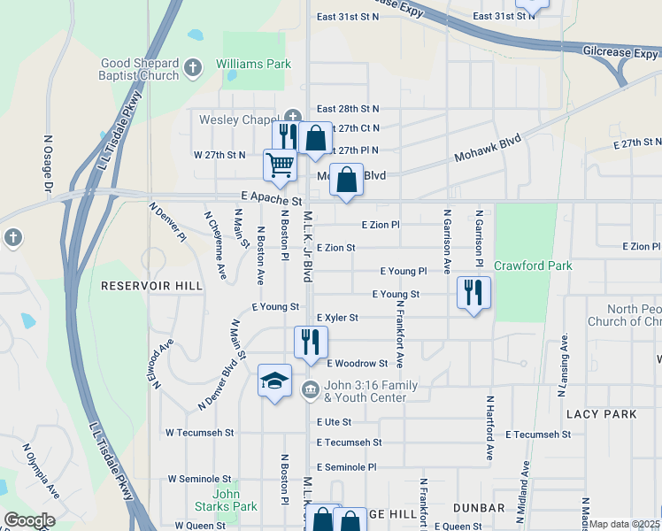 map of restaurants, bars, coffee shops, grocery stores, and more near 225 East Young Place in Tulsa