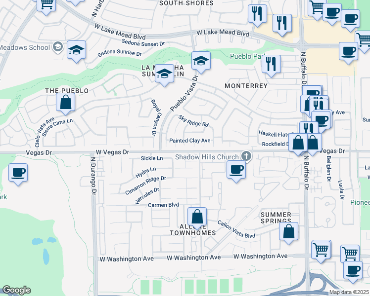 map of restaurants, bars, coffee shops, grocery stores, and more near 1600 Tranquil Meadows Lane in Las Vegas