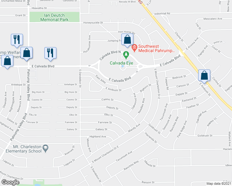 map of restaurants, bars, coffee shops, grocery stores, and more near 2041 East Ambush Street in Pahrump