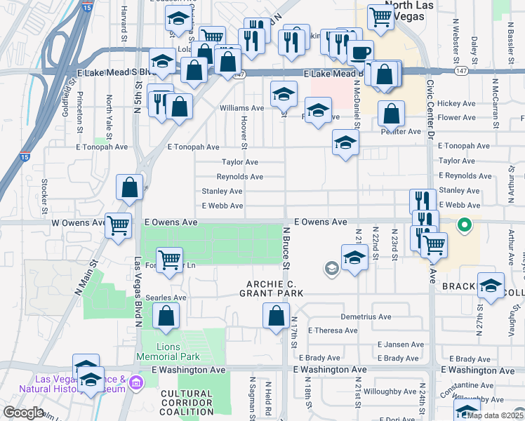 map of restaurants, bars, coffee shops, grocery stores, and more near 1117 East Webb Avenue in North Las Vegas