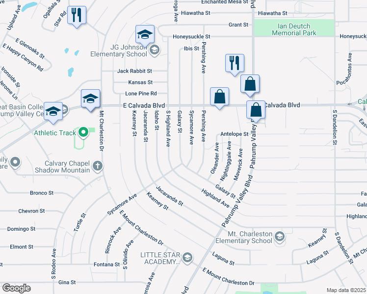 map of restaurants, bars, coffee shops, grocery stores, and more near 2101 Galaxy Street in Pahrump