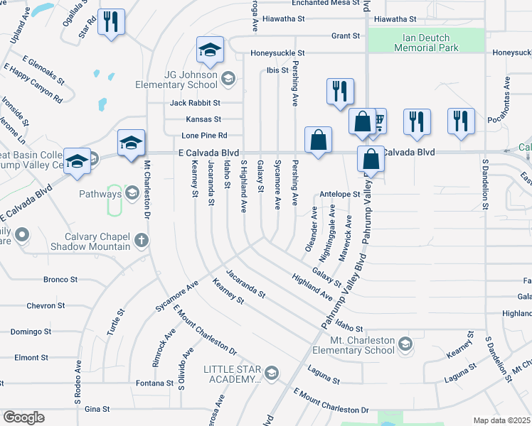 map of restaurants, bars, coffee shops, grocery stores, and more near 2101 Galaxy Street in Pahrump