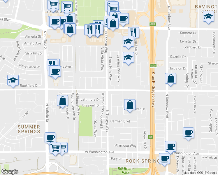 map of restaurants, bars, coffee shops, grocery stores, and more near 1601 Sierra Hills Way in Las Vegas