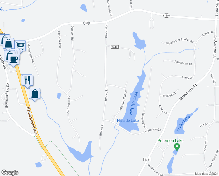 map of restaurants, bars, coffee shops, grocery stores, and more near 6912 Bronco Lane in Summerfield