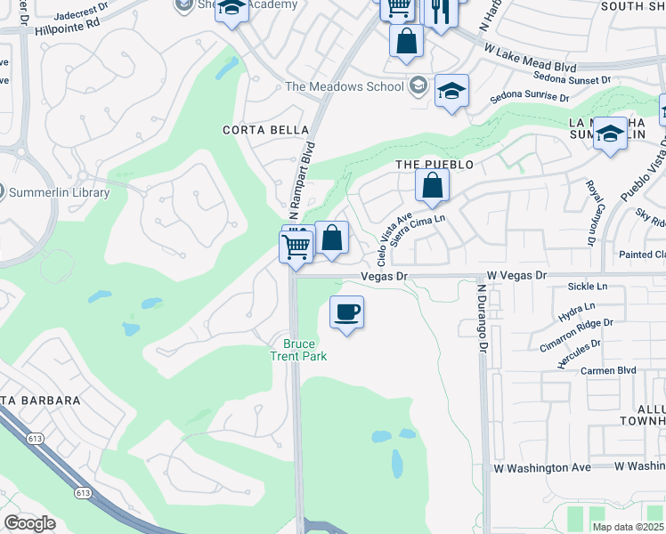 map of restaurants, bars, coffee shops, grocery stores, and more near 8725 Red Brook Drive in Las Vegas
