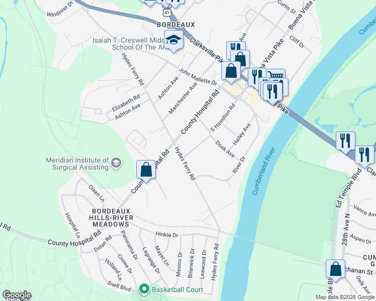 map of restaurants, bars, coffee shops, grocery stores, and more near 1709 S Hamilton Rd in Nashville