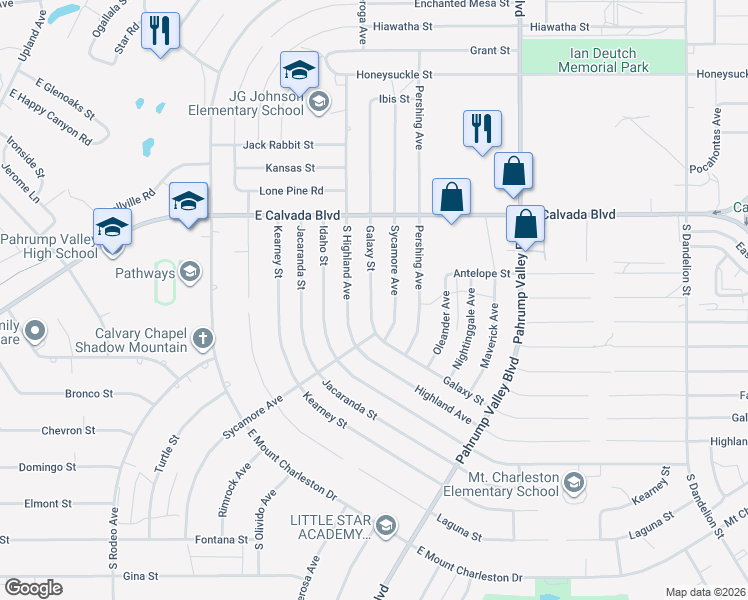 map of restaurants, bars, coffee shops, grocery stores, and more near 2101 Galaxy Street in Pahrump
