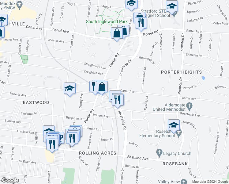 map of restaurants, bars, coffee shops, grocery stores, and more near 1208 Riverside Drive in Nashville