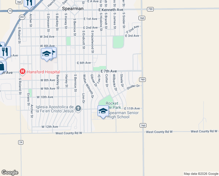 map of restaurants, bars, coffee shops, grocery stores, and more near 721 Cotter Drive in Spearman