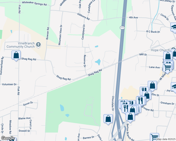map of restaurants, bars, coffee shops, grocery stores, and more near 1603 Bobby Nichols Drive in Cookeville