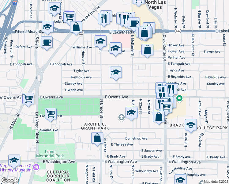 map of restaurants, bars, coffee shops, grocery stores, and more near 1409 East Webb Avenue in North Las Vegas