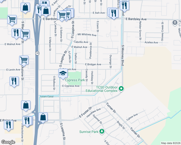 map of restaurants, bars, coffee shops, grocery stores, and more near 1815 Holliday Street in Tulare