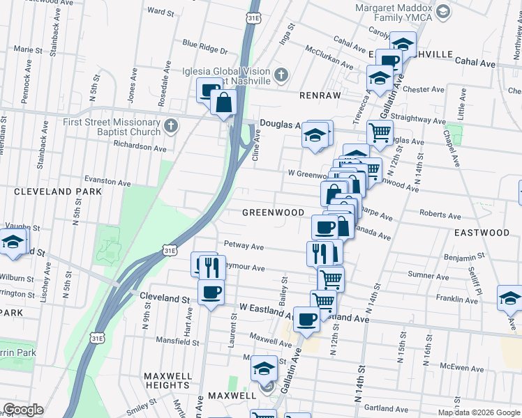 map of restaurants, bars, coffee shops, grocery stores, and more near 931 Granada Avenue in Nashville