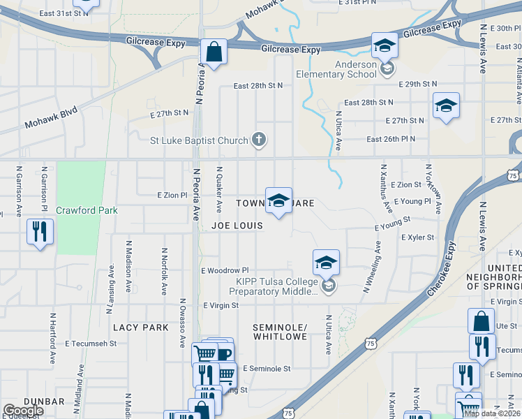 map of restaurants, bars, coffee shops, grocery stores, and more near 2429 North Rockford Avenue in Tulsa