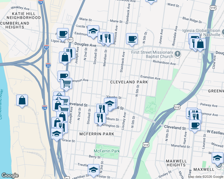 map of restaurants, bars, coffee shops, grocery stores, and more near 1011 Pennock Avenue in Nashville