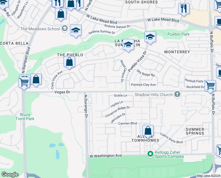 map of restaurants, bars, coffee shops, grocery stores, and more near 1604 North Sand Canyon Drive in Las Vegas