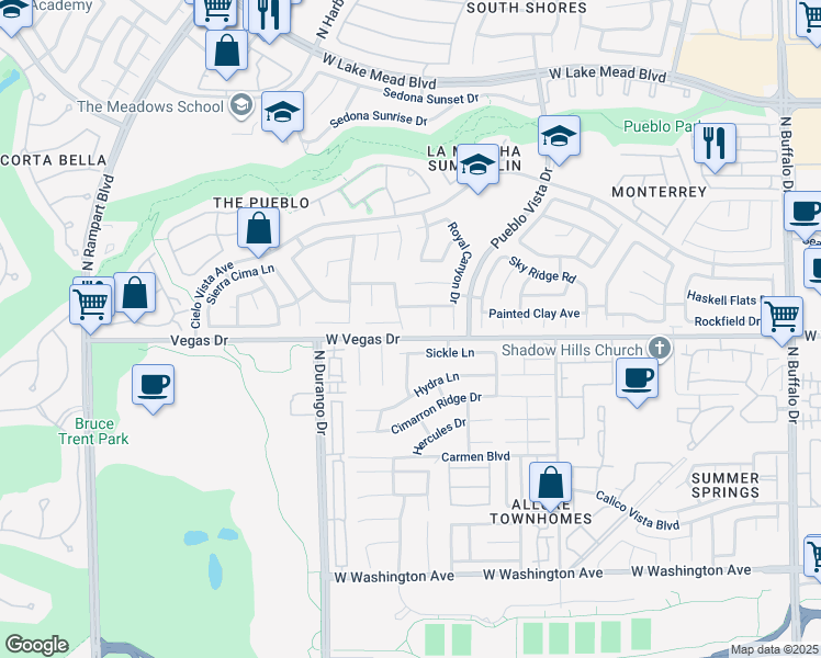 map of restaurants, bars, coffee shops, grocery stores, and more near 1604 North Sand Canyon Drive in Las Vegas