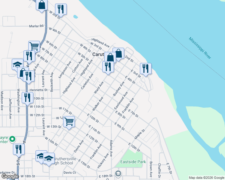 map of restaurants, bars, coffee shops, grocery stores, and more near 204 East 6th Street in Caruthersville