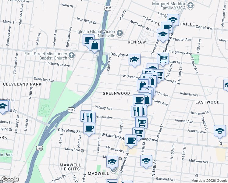 map of restaurants, bars, coffee shops, grocery stores, and more near 931 Granada Avenue in Nashville