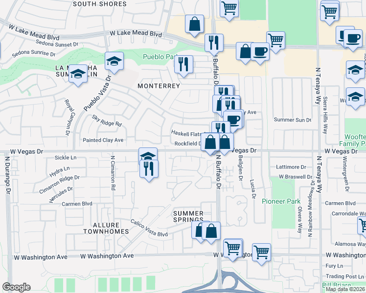 map of restaurants, bars, coffee shops, grocery stores, and more near 7717 Rockfield Drive in Las Vegas