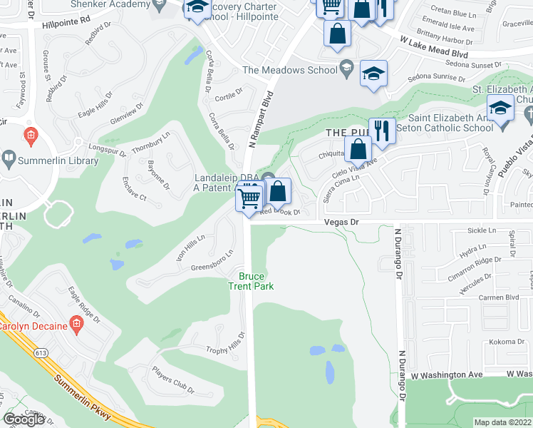 map of restaurants, bars, coffee shops, grocery stores, and more near 8741 Red Brook Drive in Las Vegas