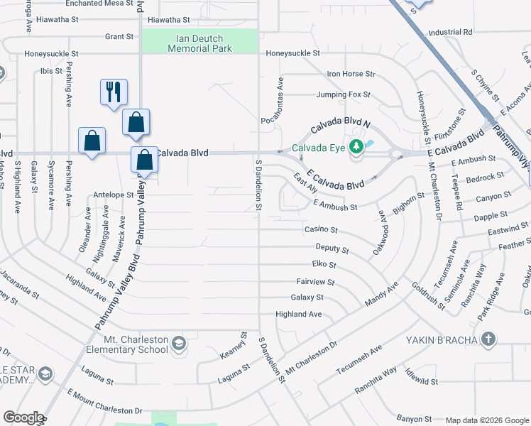 map of restaurants, bars, coffee shops, grocery stores, and more near 2081 South Dandelion Street in Pahrump