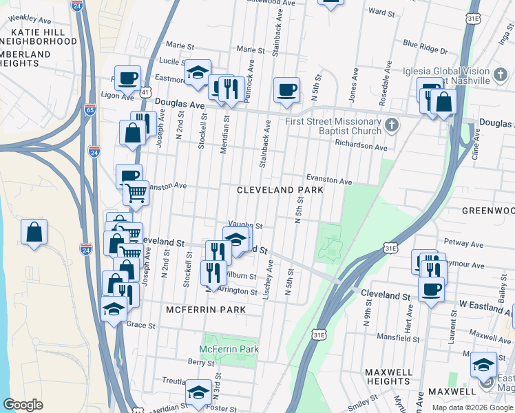 map of restaurants, bars, coffee shops, grocery stores, and more near 1011 Pennock Avenue in Nashville