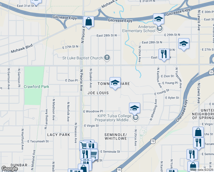 map of restaurants, bars, coffee shops, grocery stores, and more near 2429 North Rockford Avenue in Tulsa