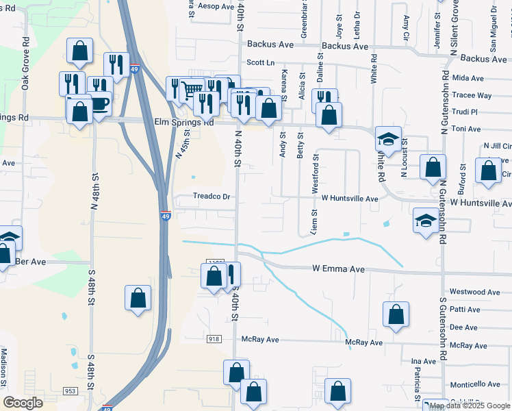 map of restaurants, bars, coffee shops, grocery stores, and more near 3839 Derrick Lane in Springdale