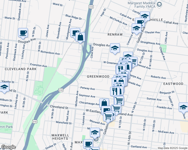 map of restaurants, bars, coffee shops, grocery stores, and more near 927 Granada Avenue in Nashville