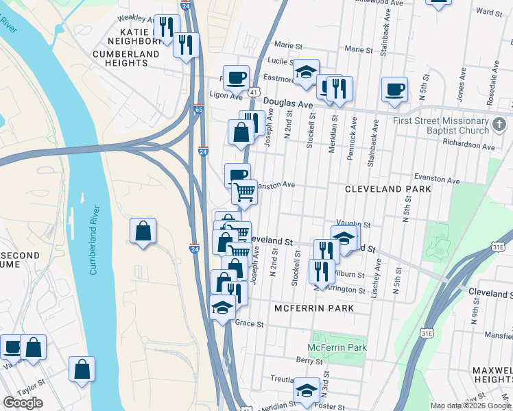 map of restaurants, bars, coffee shops, grocery stores, and more near 1004 Joseph Avenue in Nashville