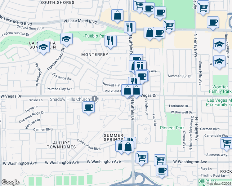 map of restaurants, bars, coffee shops, grocery stores, and more near 7717 Rockfield Drive in Las Vegas