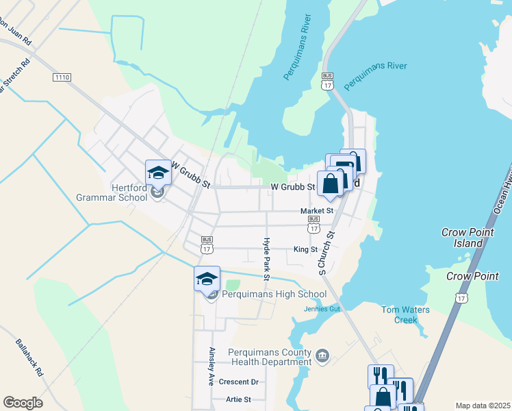 map of restaurants, bars, coffee shops, grocery stores, and more near 105 Academy Street West in Hertford