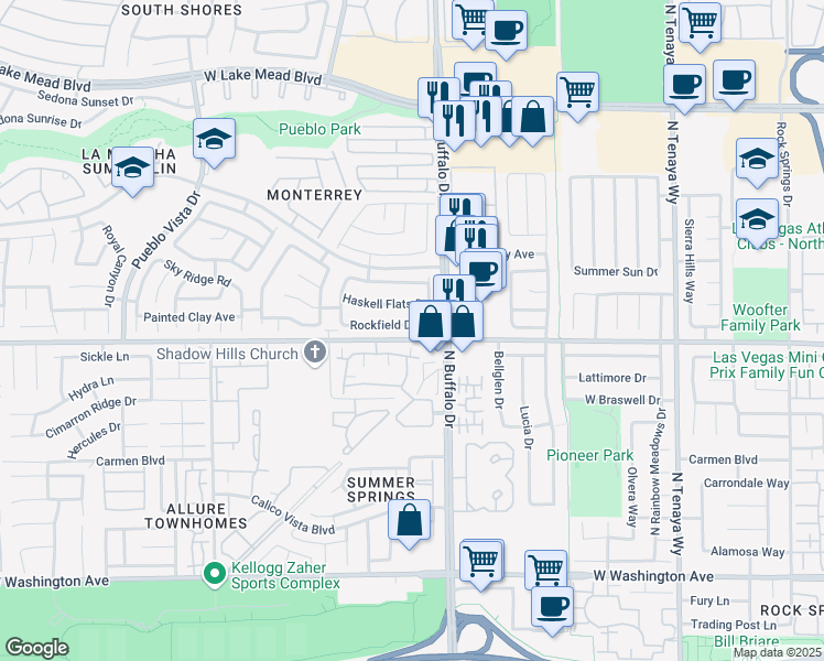 map of restaurants, bars, coffee shops, grocery stores, and more near 7621 Rockfield Drive in Las Vegas