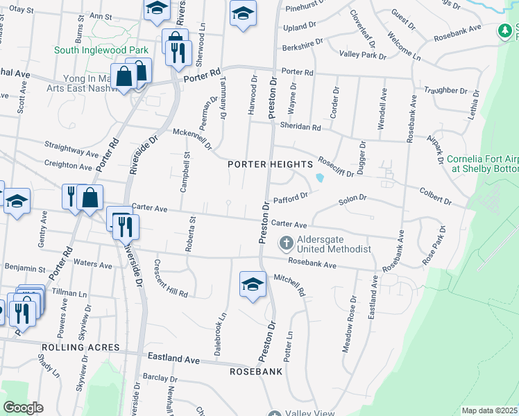 map of restaurants, bars, coffee shops, grocery stores, and more near 1210 Preston Drive in Nashville