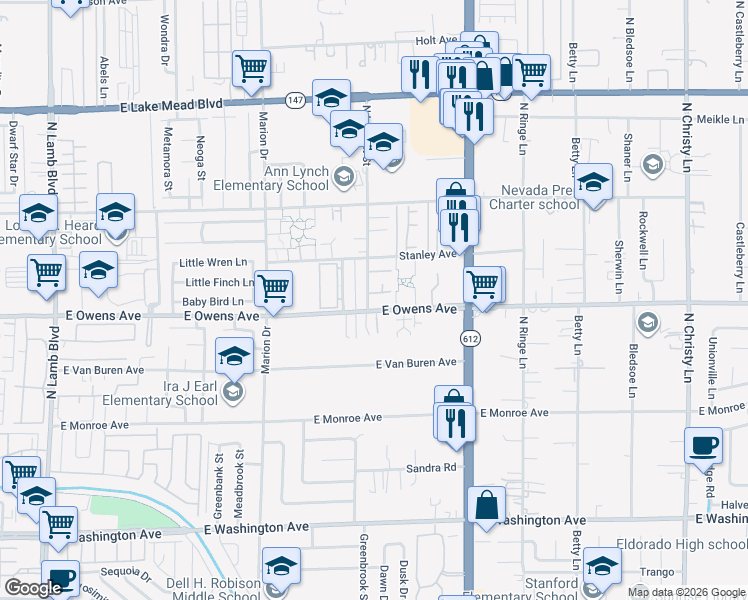 map of restaurants, bars, coffee shops, grocery stores, and more near 4910 East Owens Avenue in Las Vegas