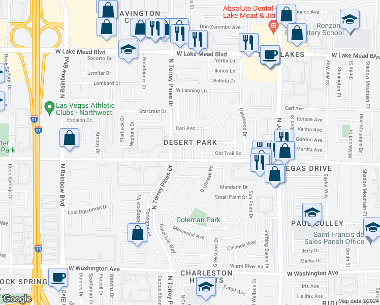 map of restaurants, bars, coffee shops, grocery stores, and more near 1608 Joshua Tree Court in Las Vegas