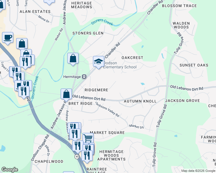 map of restaurants, bars, coffee shops, grocery stores, and more near 1709 Ridgemere Court in Nashville