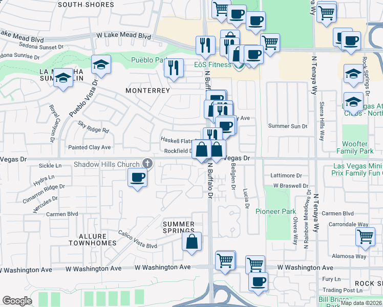 map of restaurants, bars, coffee shops, grocery stores, and more near 7625 Rockfield Drive in Las Vegas