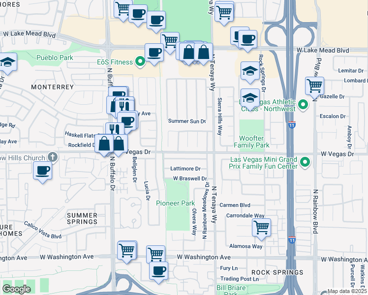 map of restaurants, bars, coffee shops, grocery stores, and more near 1605 Palmales Court in Las Vegas